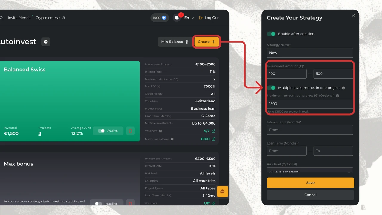 Creating a new AutoInvest strategy on Maclear with Investment Amount, Multiple investments in one project and Maximum amount per project highlighted