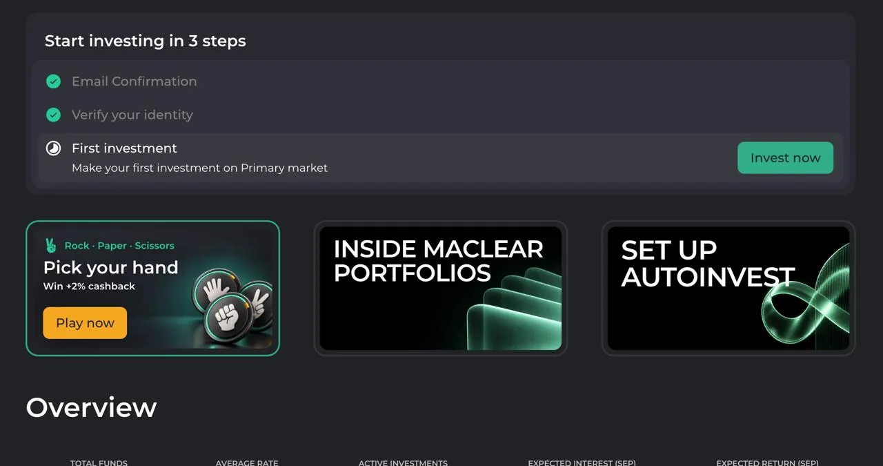 Carte promotionnelle RPS Rewards dans le tableau de bord investisseur Maclear, à côté des étapes Start investing