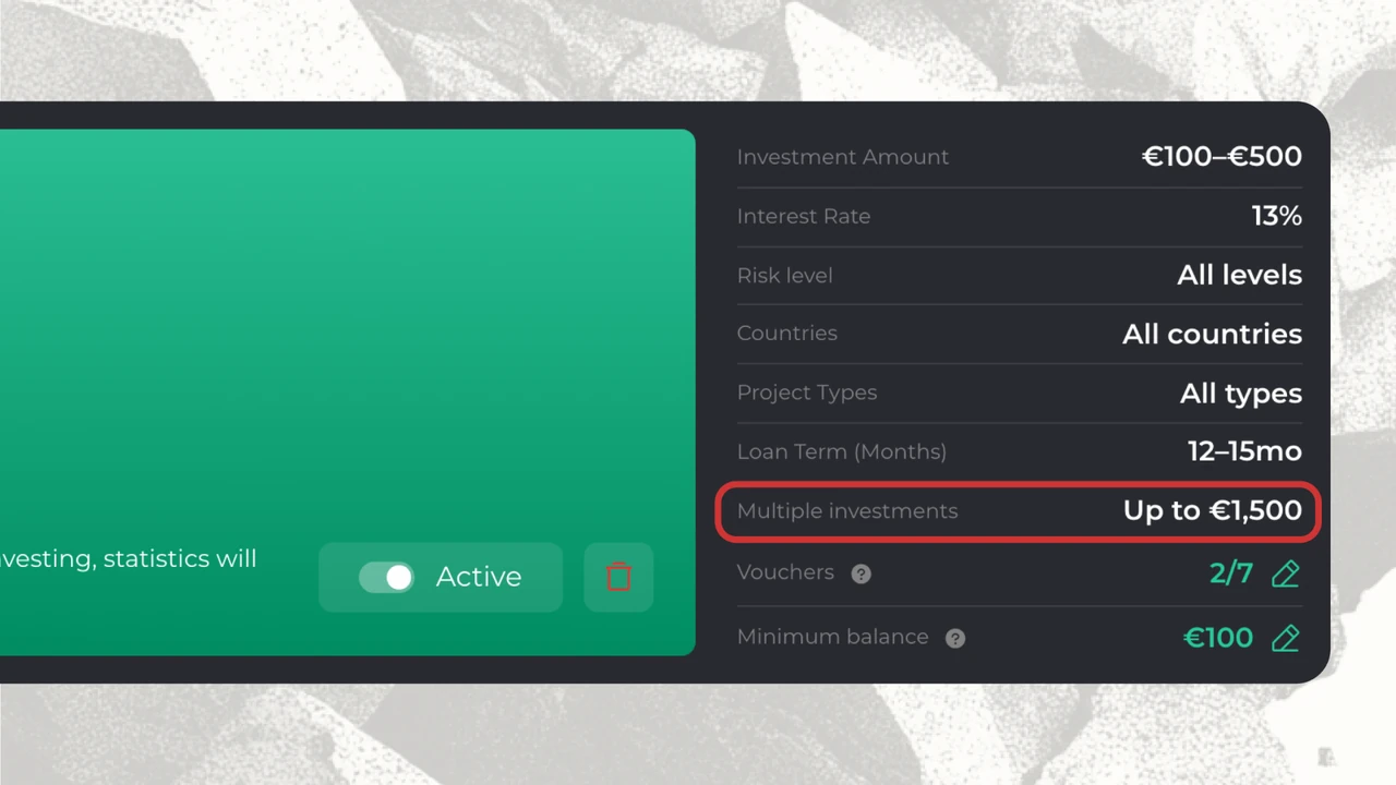 Saved AutoInvest strategy card showing Multiple investments up to €1,500 per project