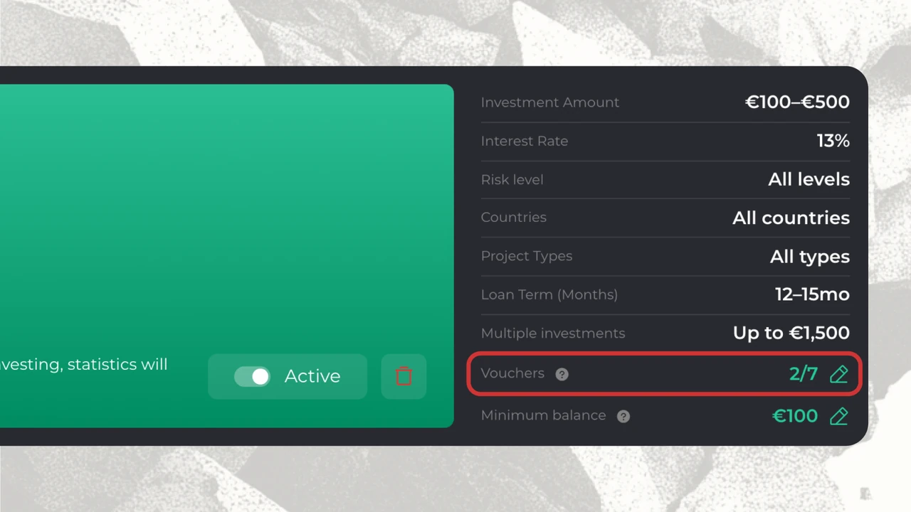 AutoInvest strategy card showing two of seven vouchers assigned to the strategy