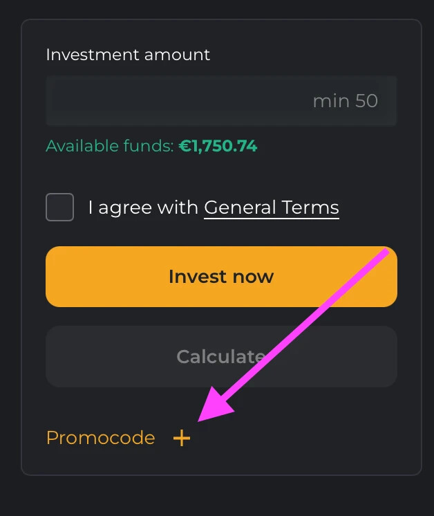 Arrow pointing to the Promocode plus icon below the Invest Now button on a Maclear project page