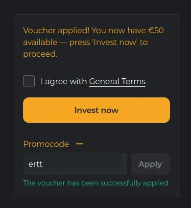 Confirmation message in the Maclear investment form after a voucher code has been successfully applied