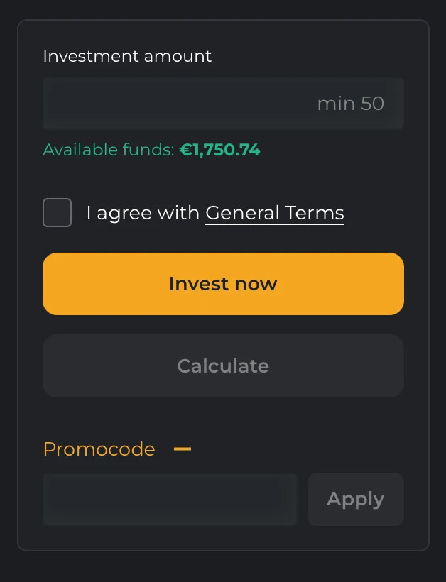 Expanded voucher input field with an Apply button in the Maclear investment form