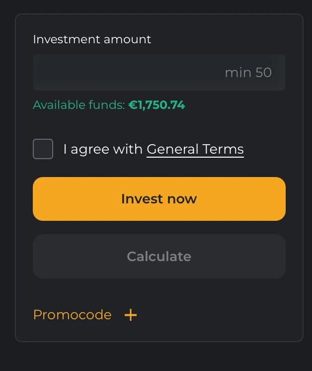 Investment section of a Maclear project page with the Invest Now button and the Promocode option below it