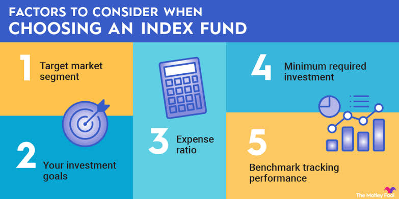 Infographic showing 5 factors to consider when choosing an index fund