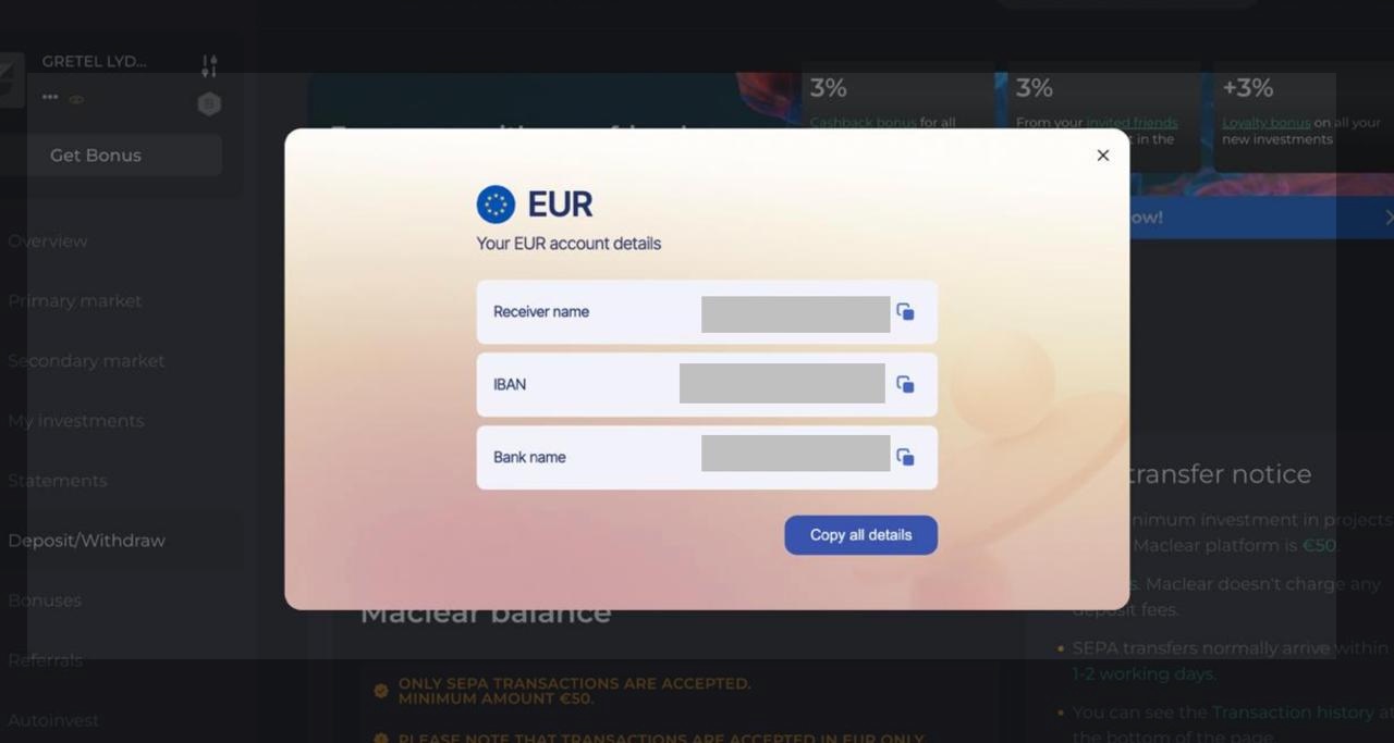 Your personal EUR account details