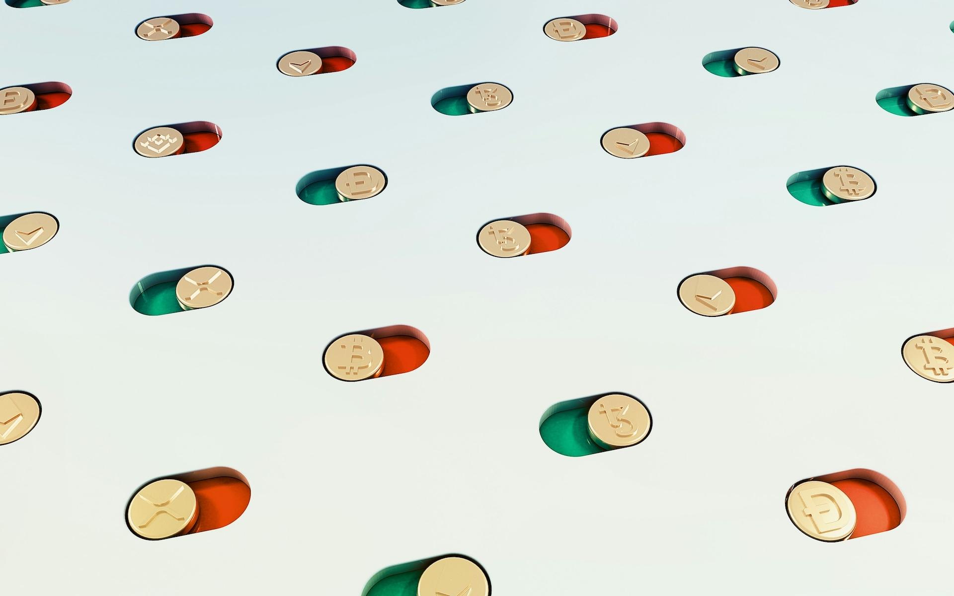 An array of toggle switches with cryptocurrency symbols on a light background.