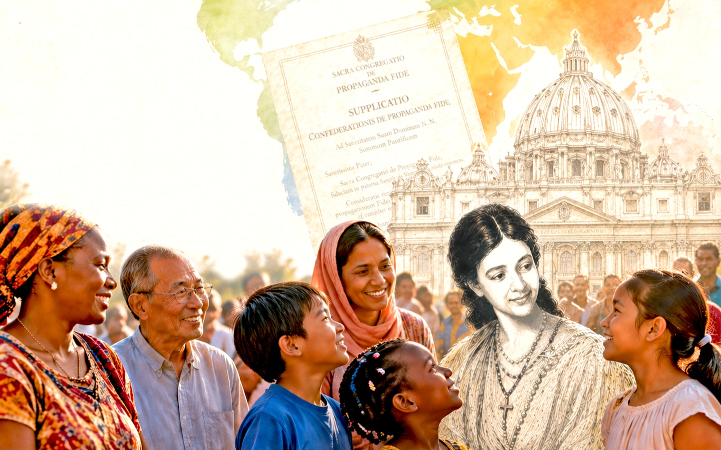 Pauline Jaricot inmitten einer grossen Gruppe von Menschen – Sinnbild weltweiter Solidarität, die sich am Sonntag der Weltmission entfaltet. Im Hintergrund der Petersdom und das Dekret von Papst Pius XI. (1926) als Ursprung dieser Bewegung.