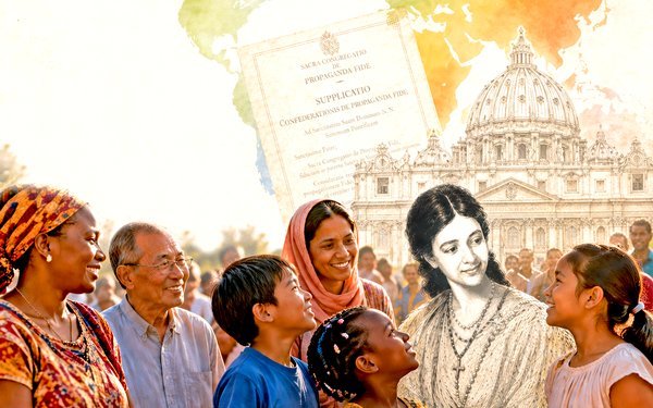 Pauline Jaricot inmitten einer grossen Gruppe von Menschen – Sinnbild weltweiter Solidarität, die sich am Sonntag der Weltmission entfaltet. Im Hintergrund der Petersdom und das Dekret von Papst Pius XI. (1926) als Ursprung dieser Bewegung.