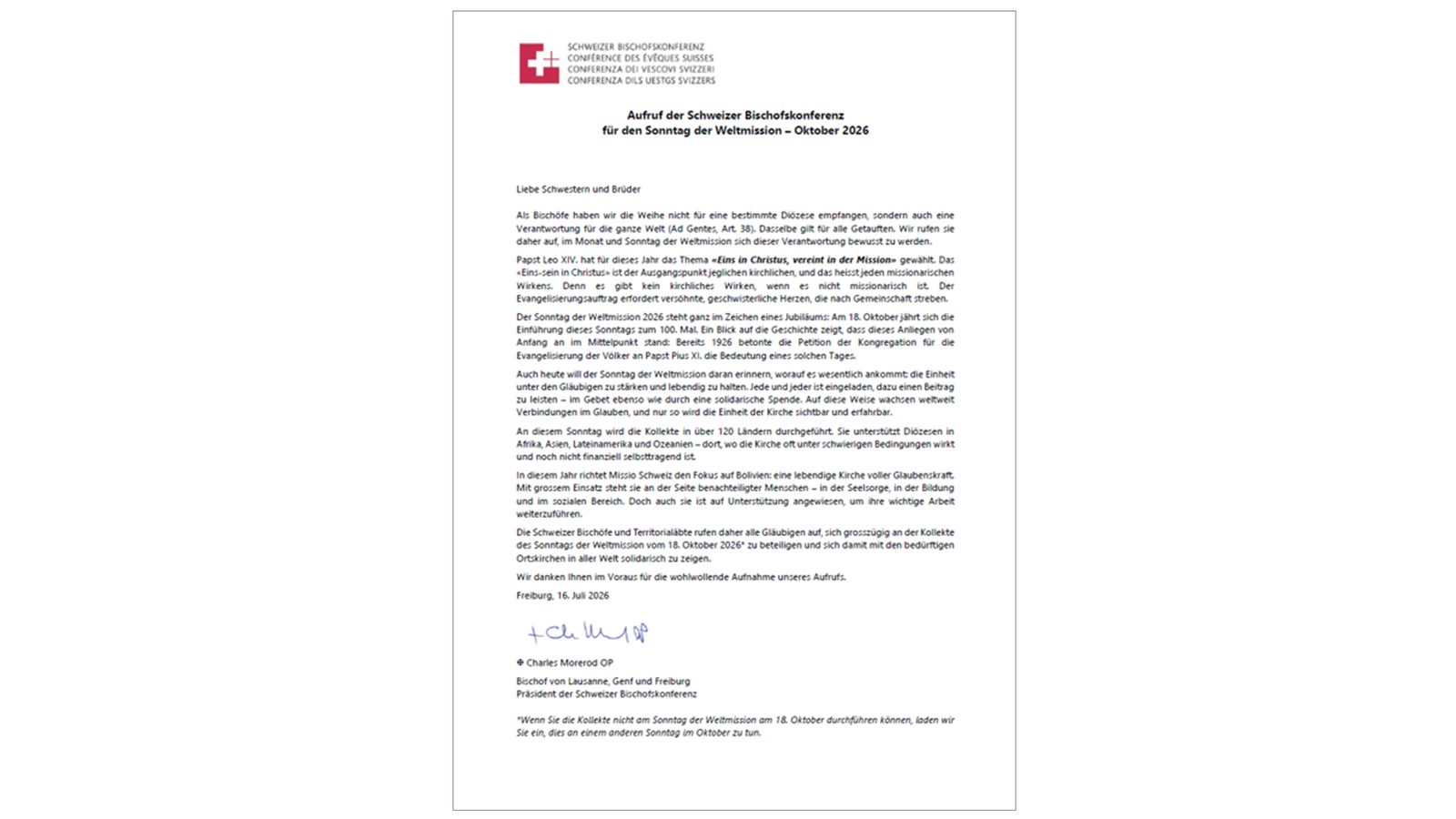 Offizieller Aufruf der Schweizerischen Bischofskonferenz WMS 2026