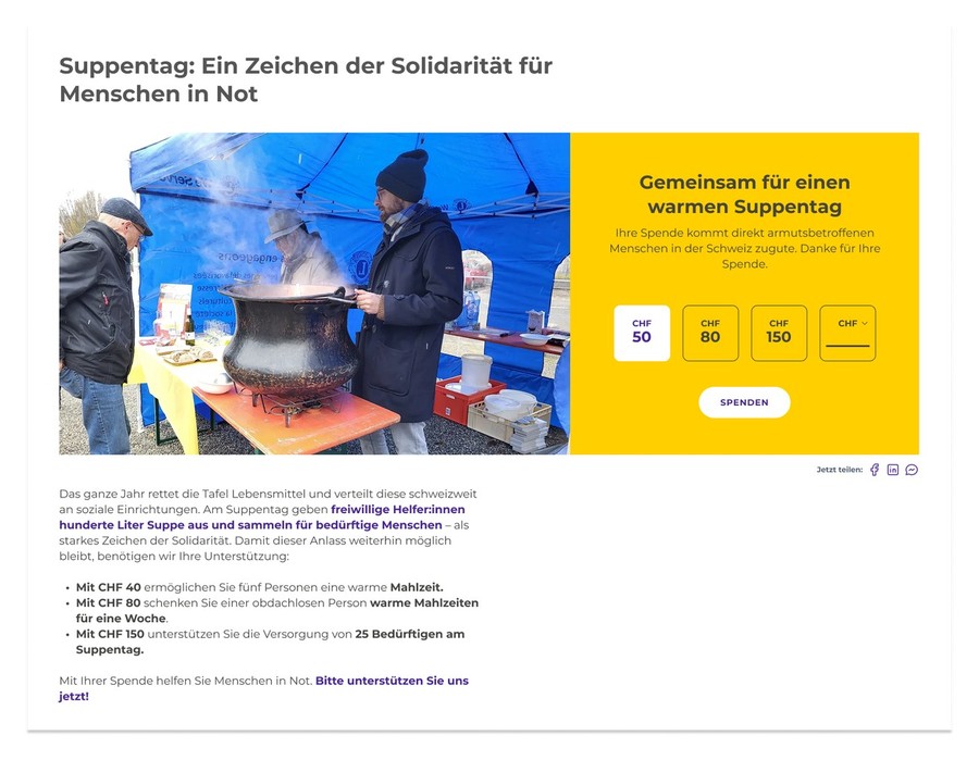 Spendenseite Beispiel Aufbau bei der Schweizer Tafel