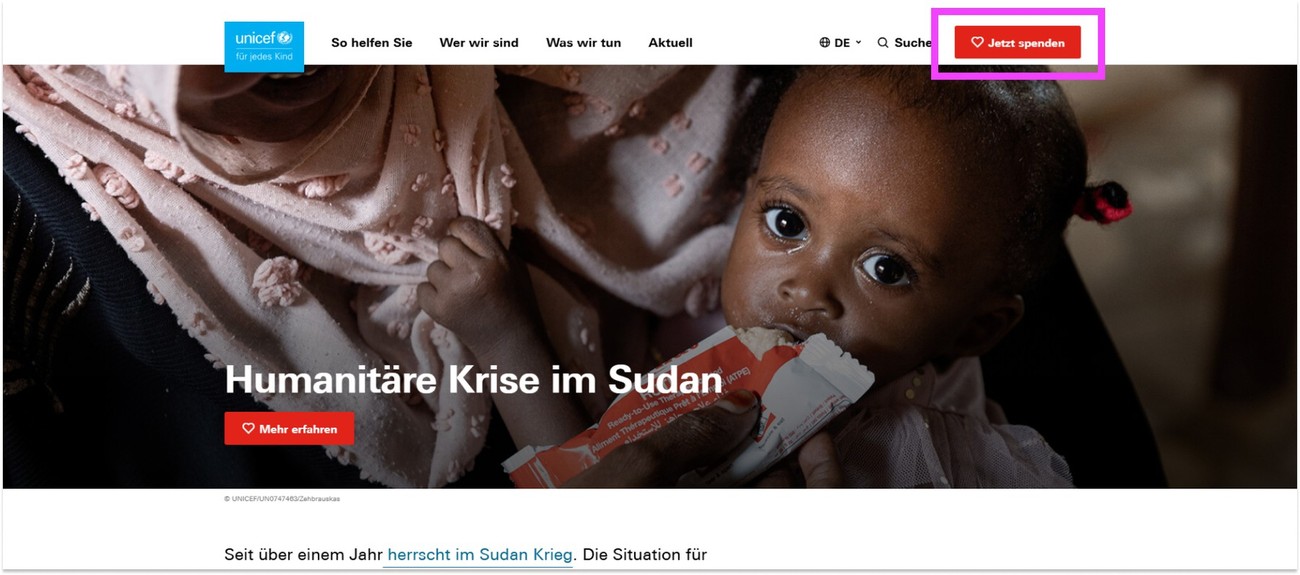 Spendenbutton im Header der NPO-Webseite
