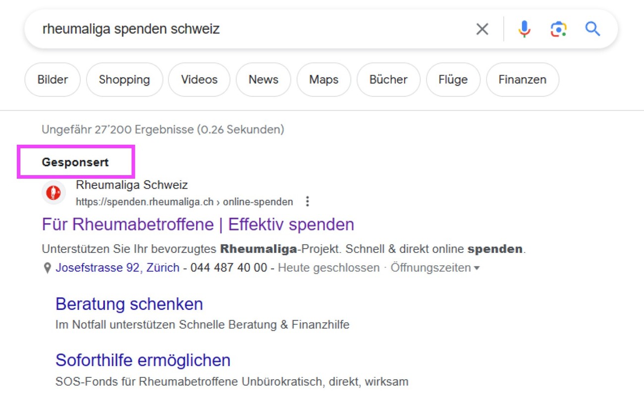 Paid-Anzeige (SEA) Rheumaliga Schweiz