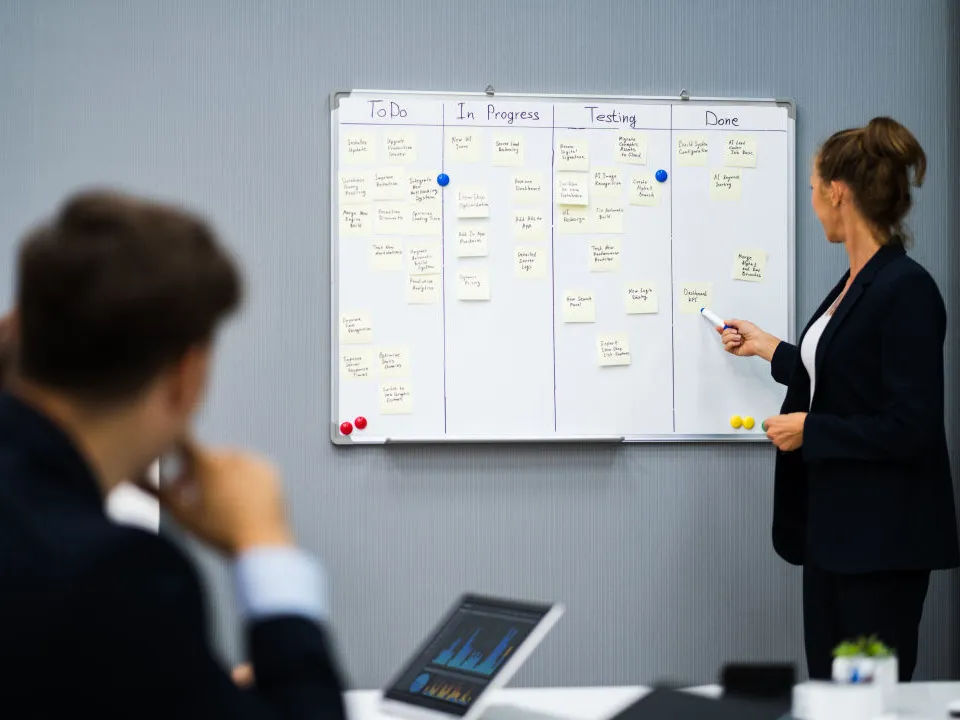 Foto welches ein Scrum Meeting zeigt an dem an einem Kanban Board gearbeitet wird