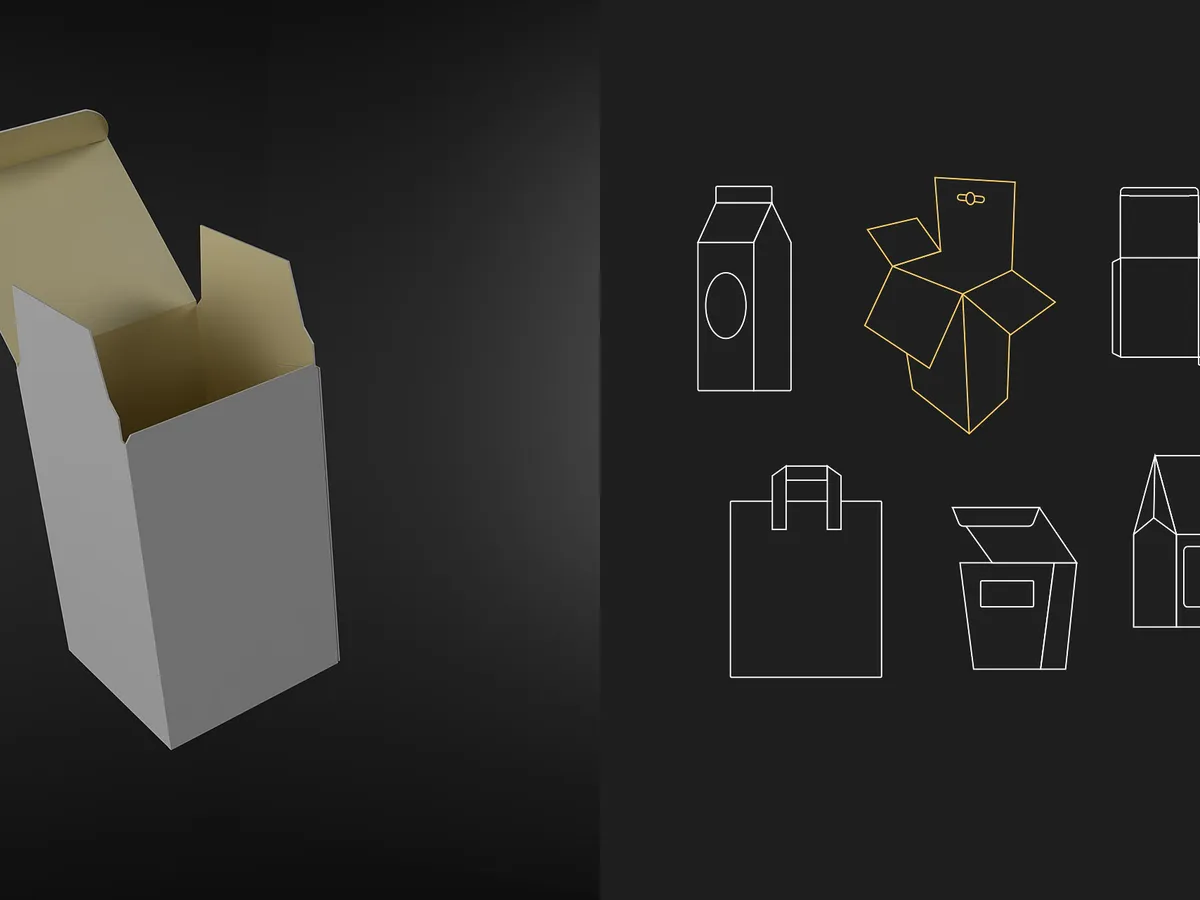 3D-Modell einer geöffneten Faltschachtel links und technische Zeichnungen verschiedener Verpackungssorten rechts, auf schwarzem Hintergrund.