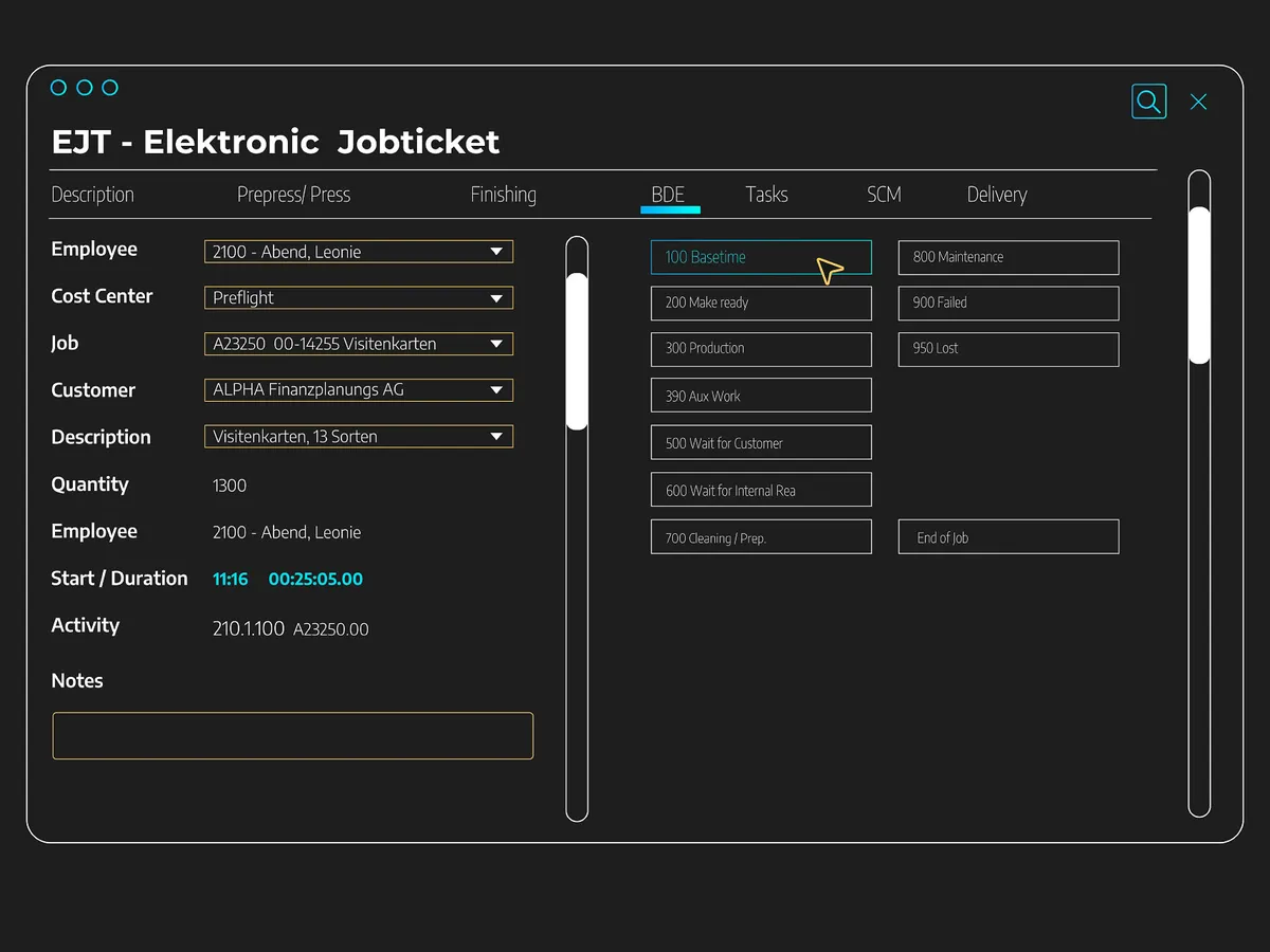 User interface representing an electronic job ticket (EJT)