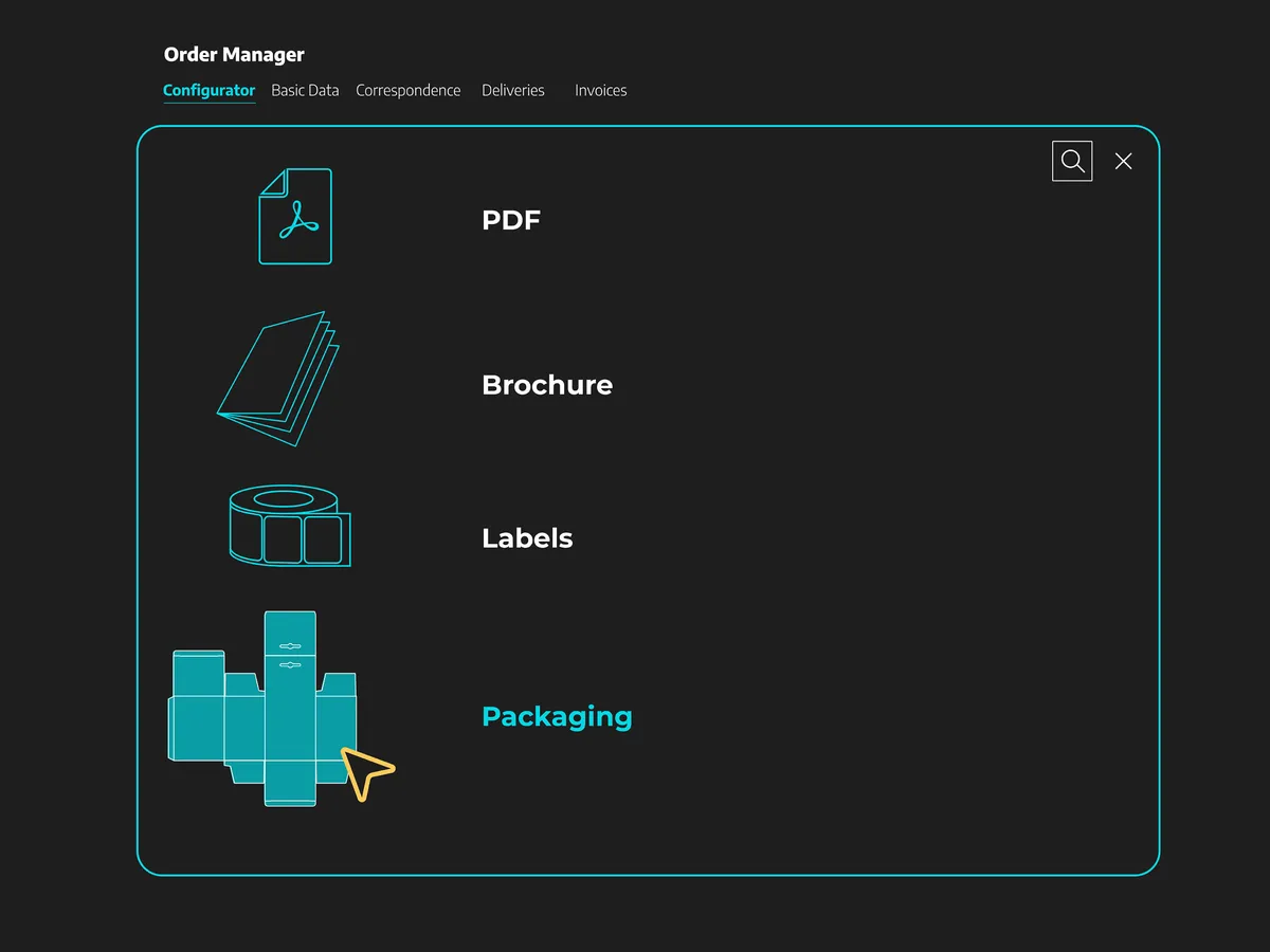 User interface with options: PDF, brochures, labels, and packaging, highlighted by an arrow. Dark background with blue-green icons.