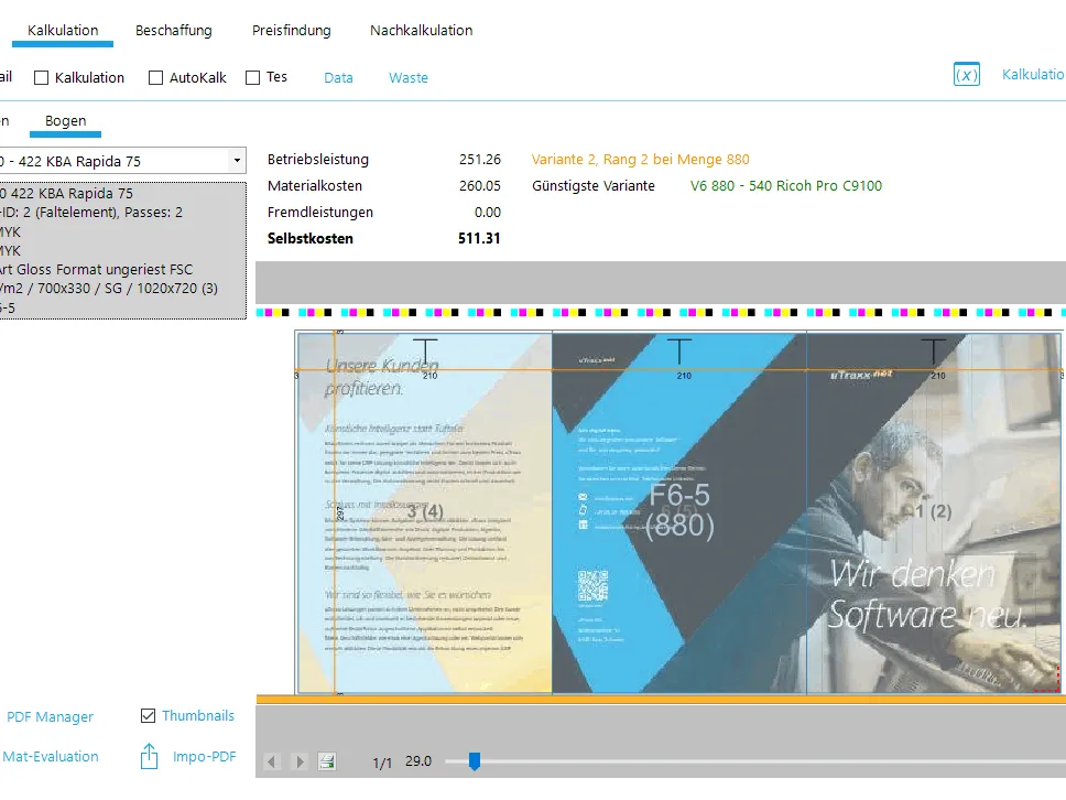 User Interface von uTraxx.PRINT, welches den Ausschussbogen eines Flyers zeigt