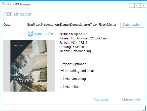 User Interface von uTraxx.PRINT welches das PDF-Import Fenster zeigt