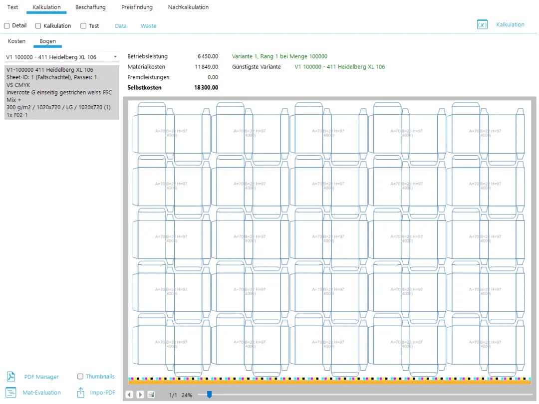 User Interface von uTraxx.PRINT mit Faltschachtel-Ausschussbogen