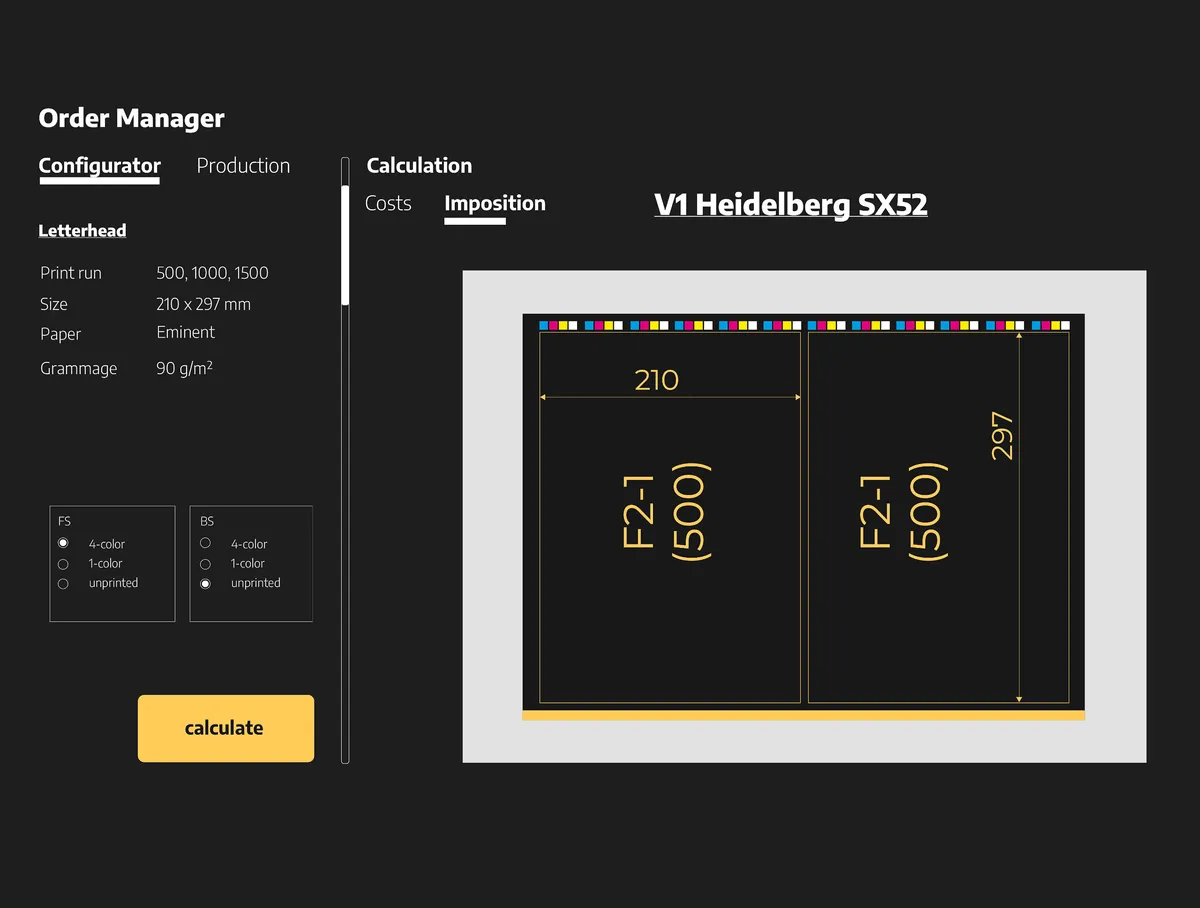 User interface with job settings on the left and a print sheet preview on the right. Press type is displayed.