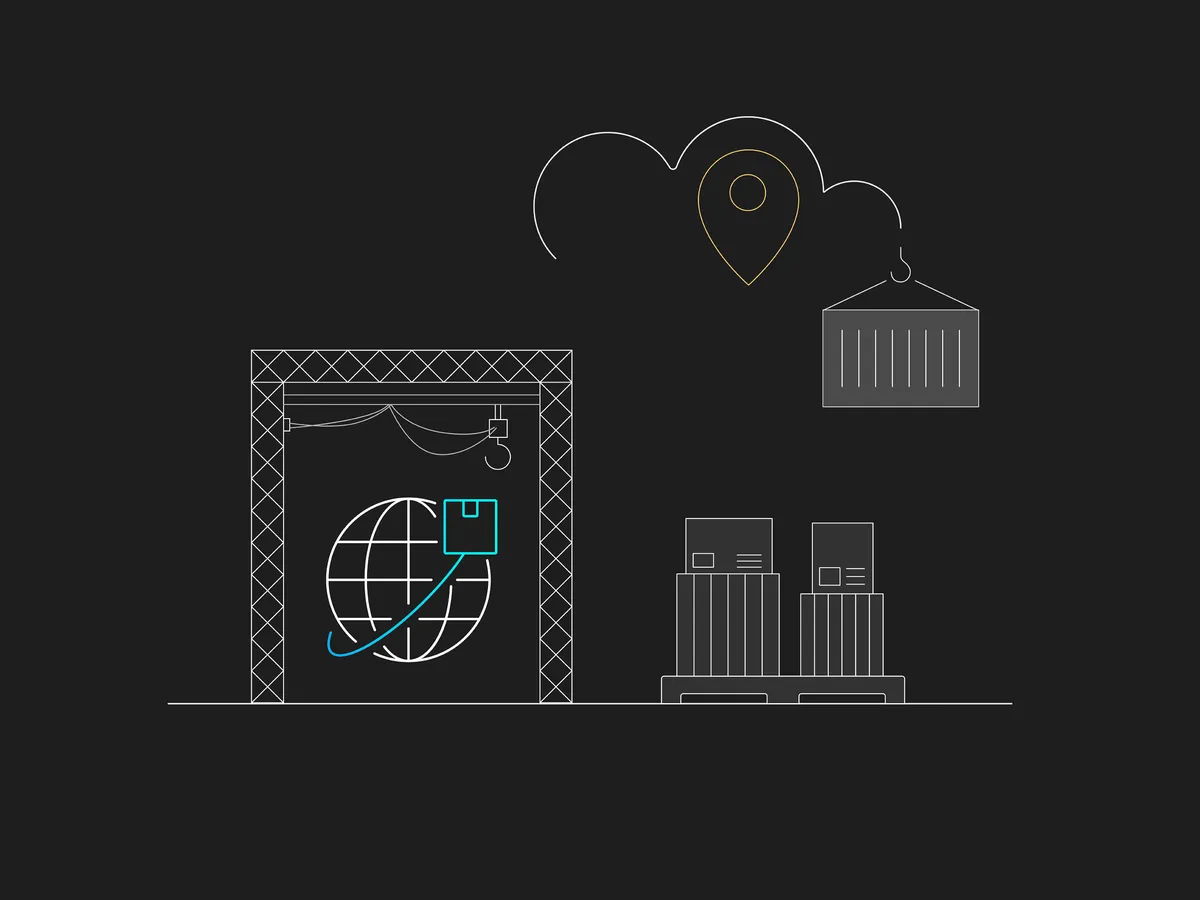 Graphische Darstellung für den Logistikbereich einer Druckerei mit Kranen, Paletten und Paketen