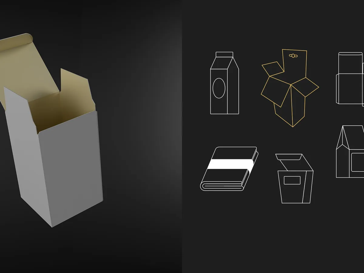 3D model of an open folding carton on the left and technical drawings of various packaging types on the right, set against a black background.