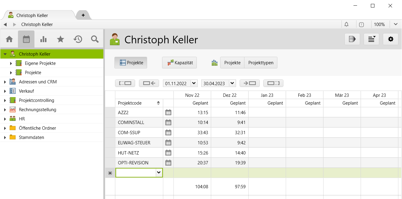 Zeittabelle in der Ressourcenplanung von Vertec 6.6