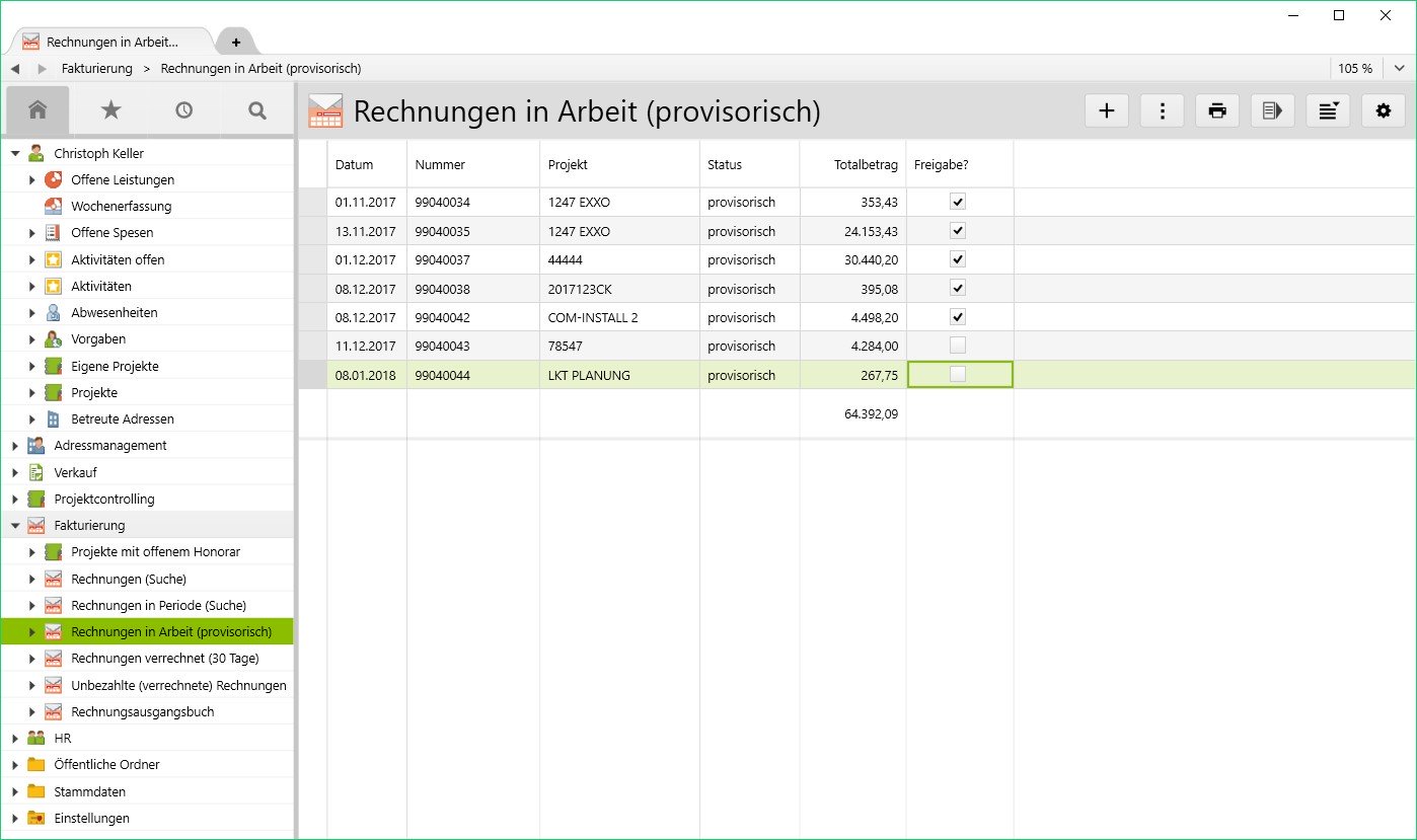 Rechnungen in Vertec Freigabe von Rechnungen