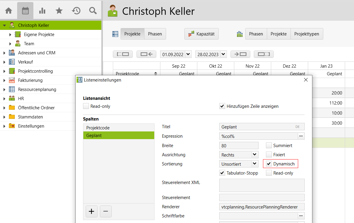 Spalten anpassen in Vertec über die Listeneinstellungen