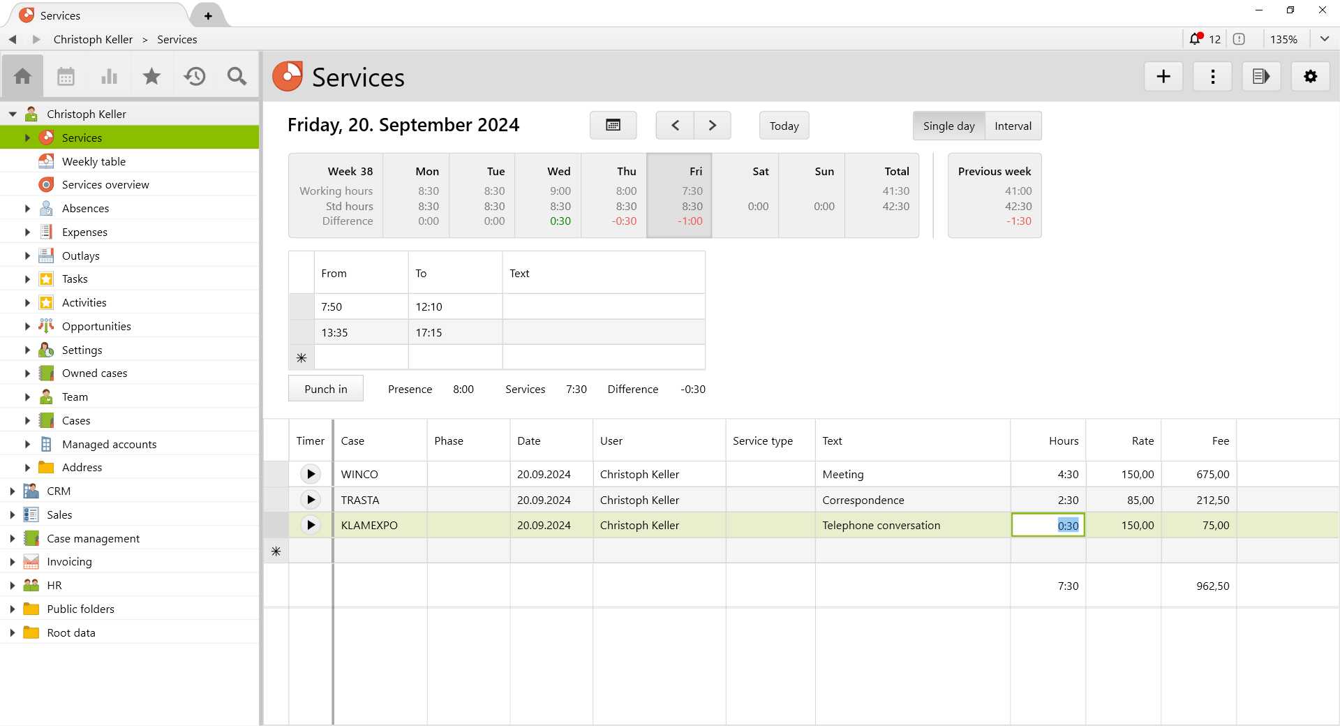 Daily performance recording in Vertec