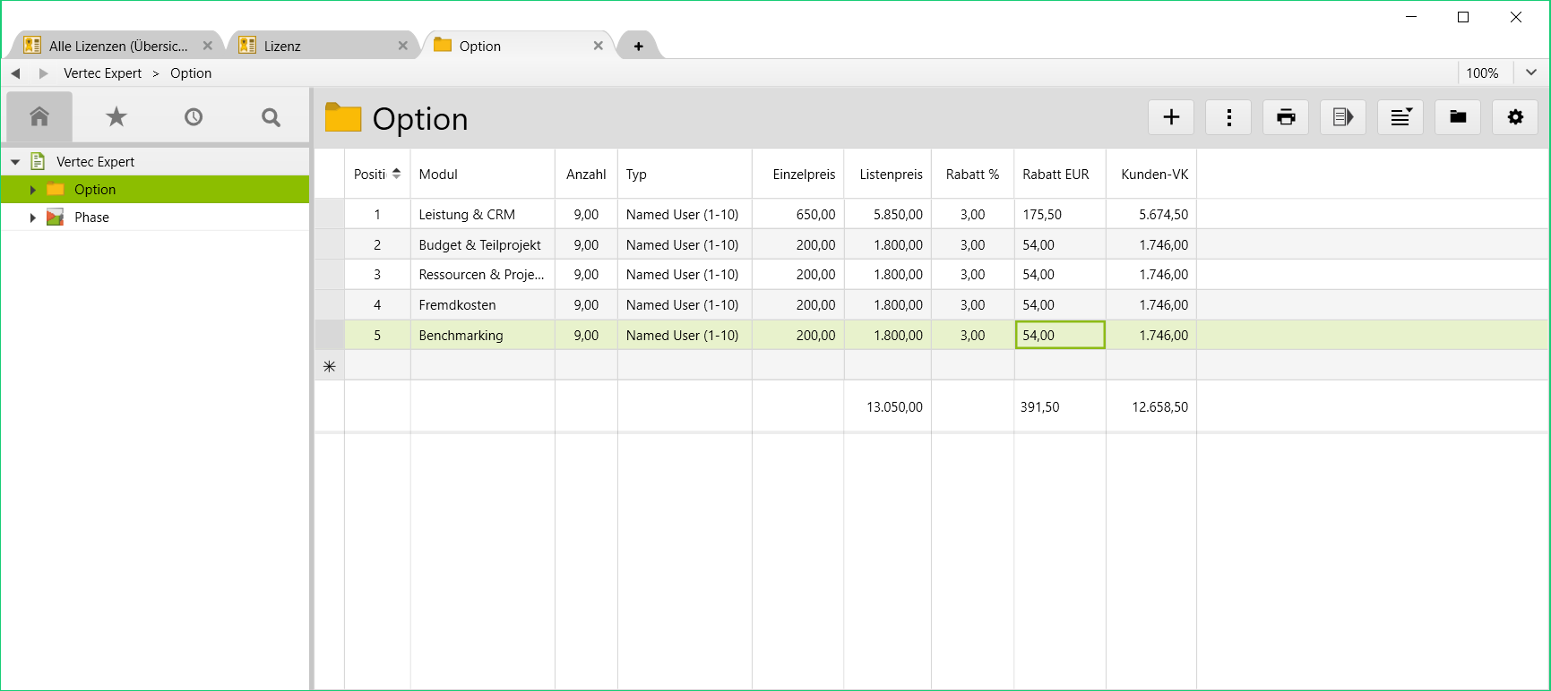 Lizenzmanagement mit Vertec