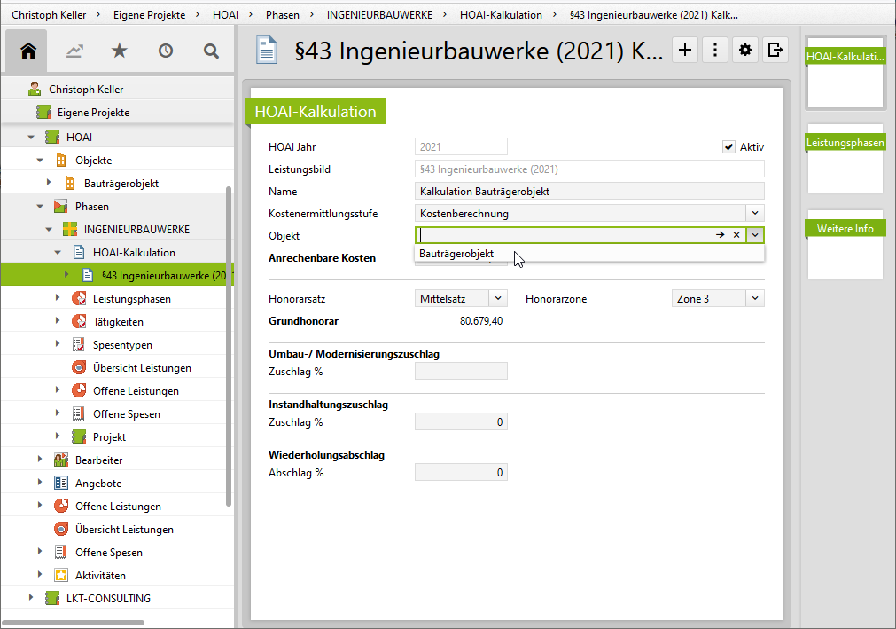 Objektauswahl in der HOAI-Kalkulation