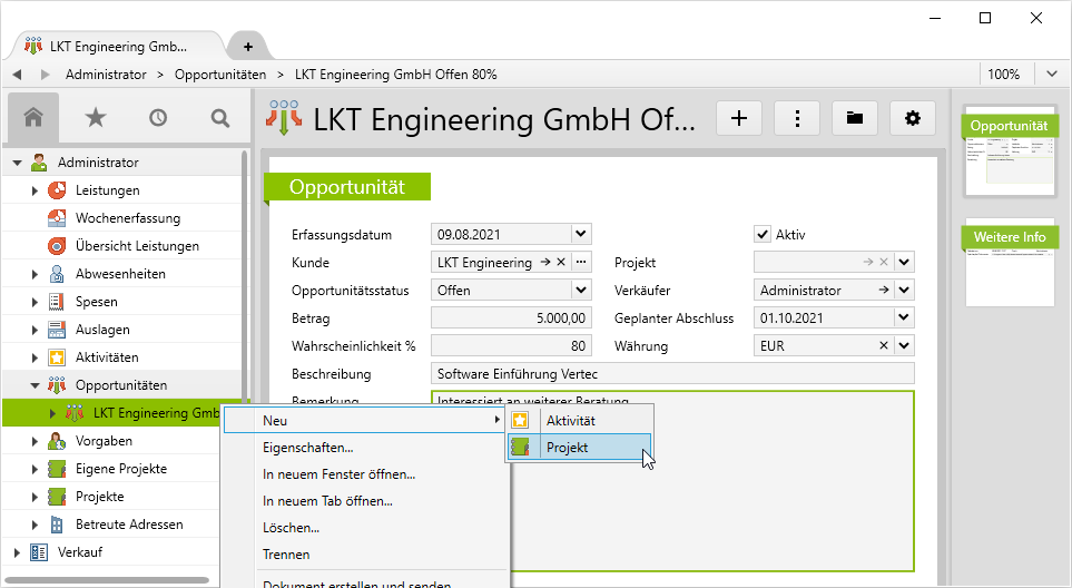 Opportunitäten anlegen auf einem Projekt