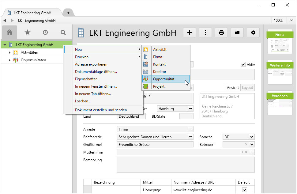 Eine Opportunität auf einem Kunden in Vertec anlegen