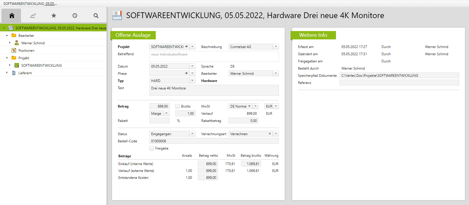 Detailansicht einer offenen Auslage (Bestellung) in Vertec