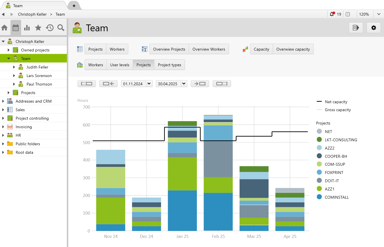 Utilization according to projects in the team
