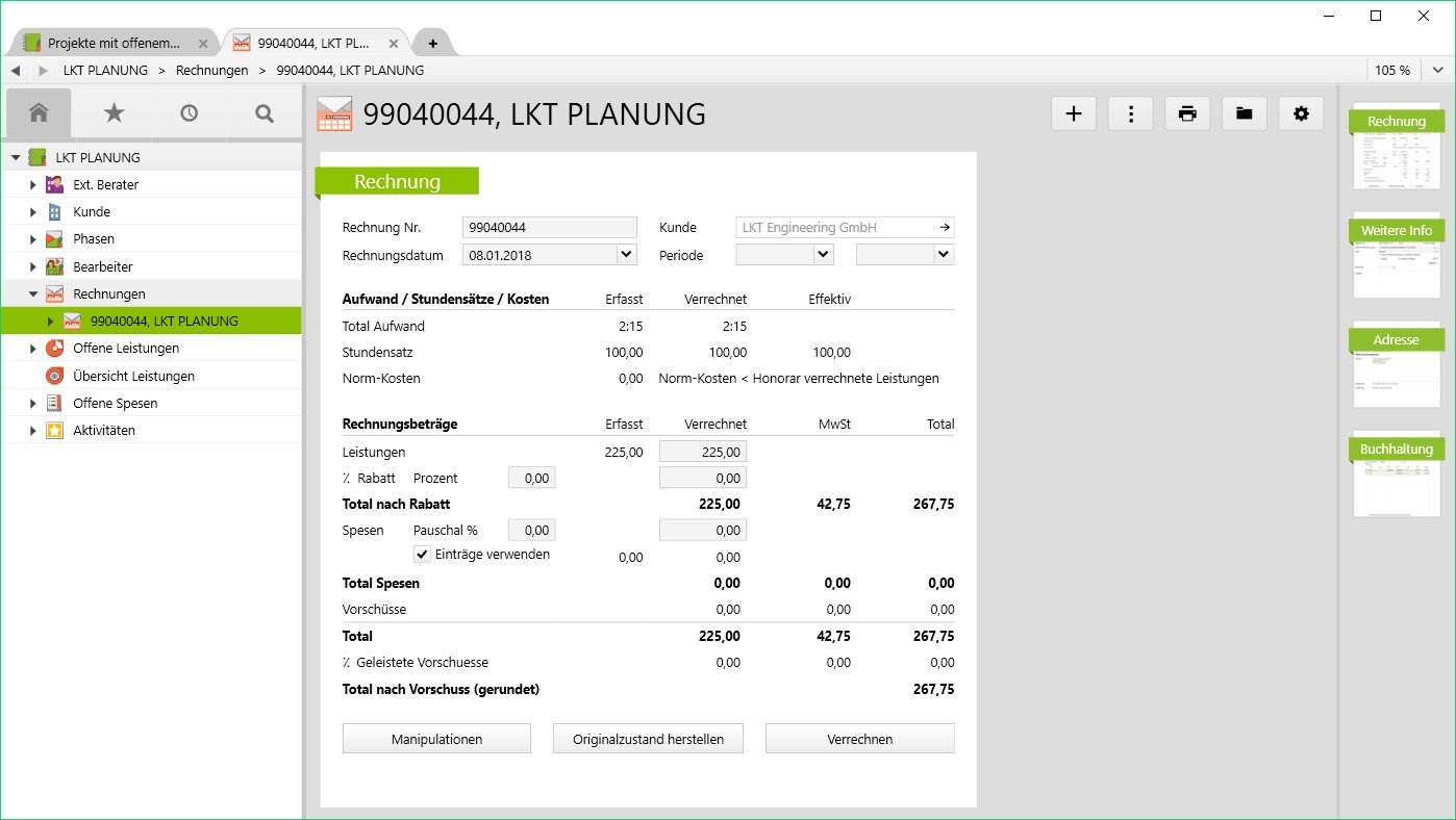 Rechnungen in Vertec Provisorische Rechnungen