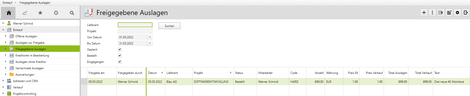 Übersicht der freigegebenen Auslagen in Vertec