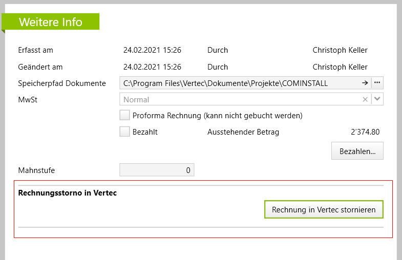 Der Abschnitt Rechnungsstorno in Vertec auf der Seite «Weitere Info»