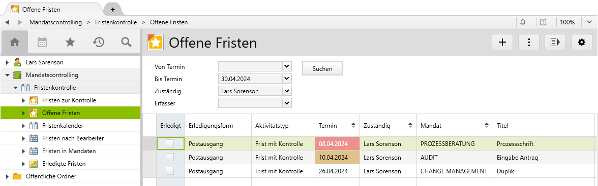 Ansicht offene Fristen für einen Bearbeiter