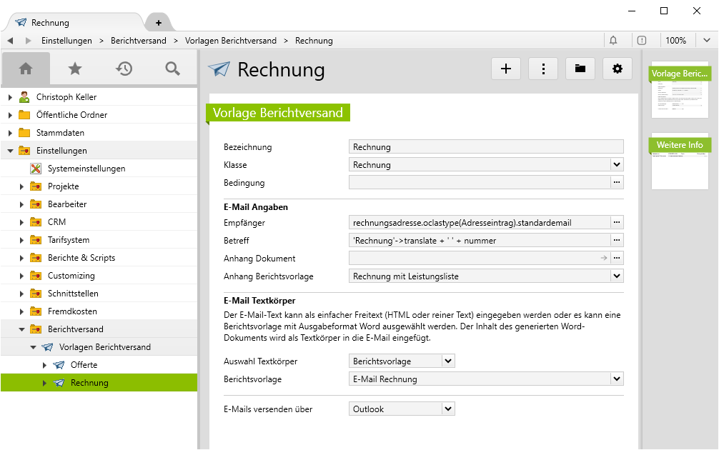 Select a report template to dispatch an email invoice