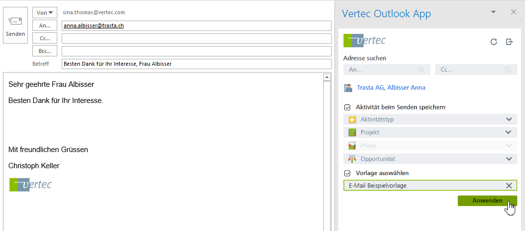 Selecting a template for an email using the outlook app
