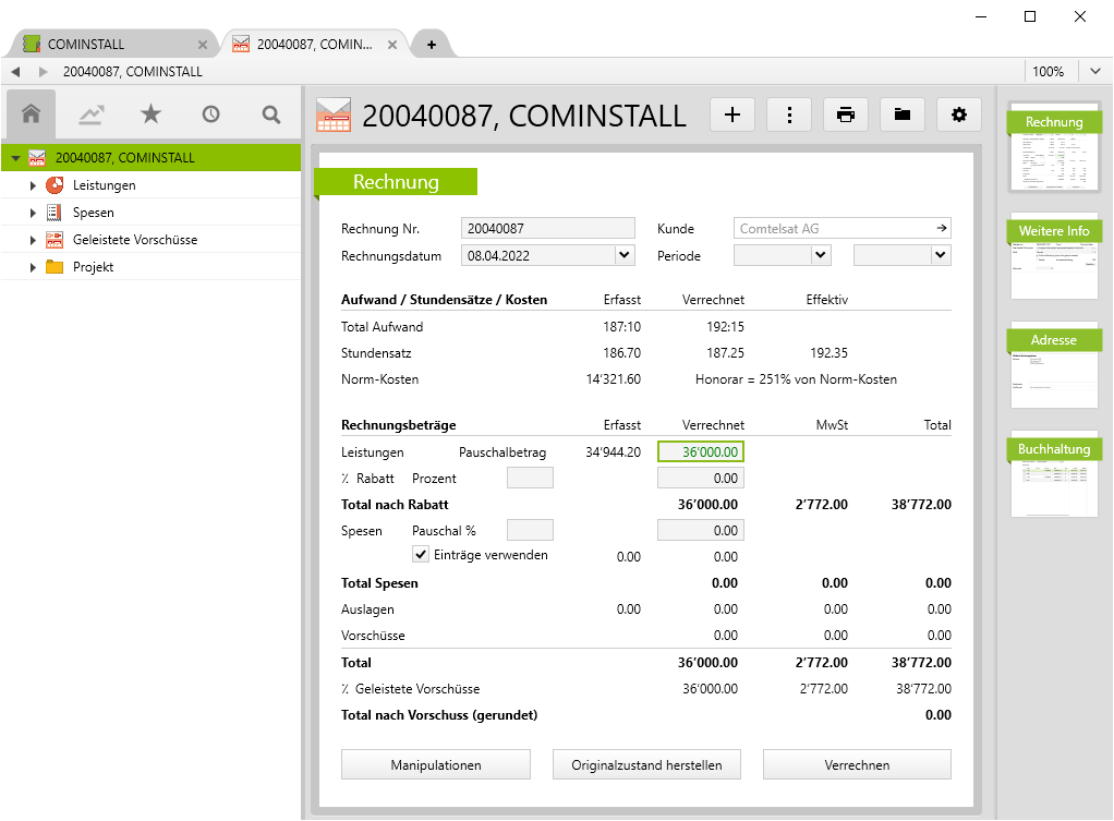 Example of a final invoice with a fixed amount of all instalment payments of a project