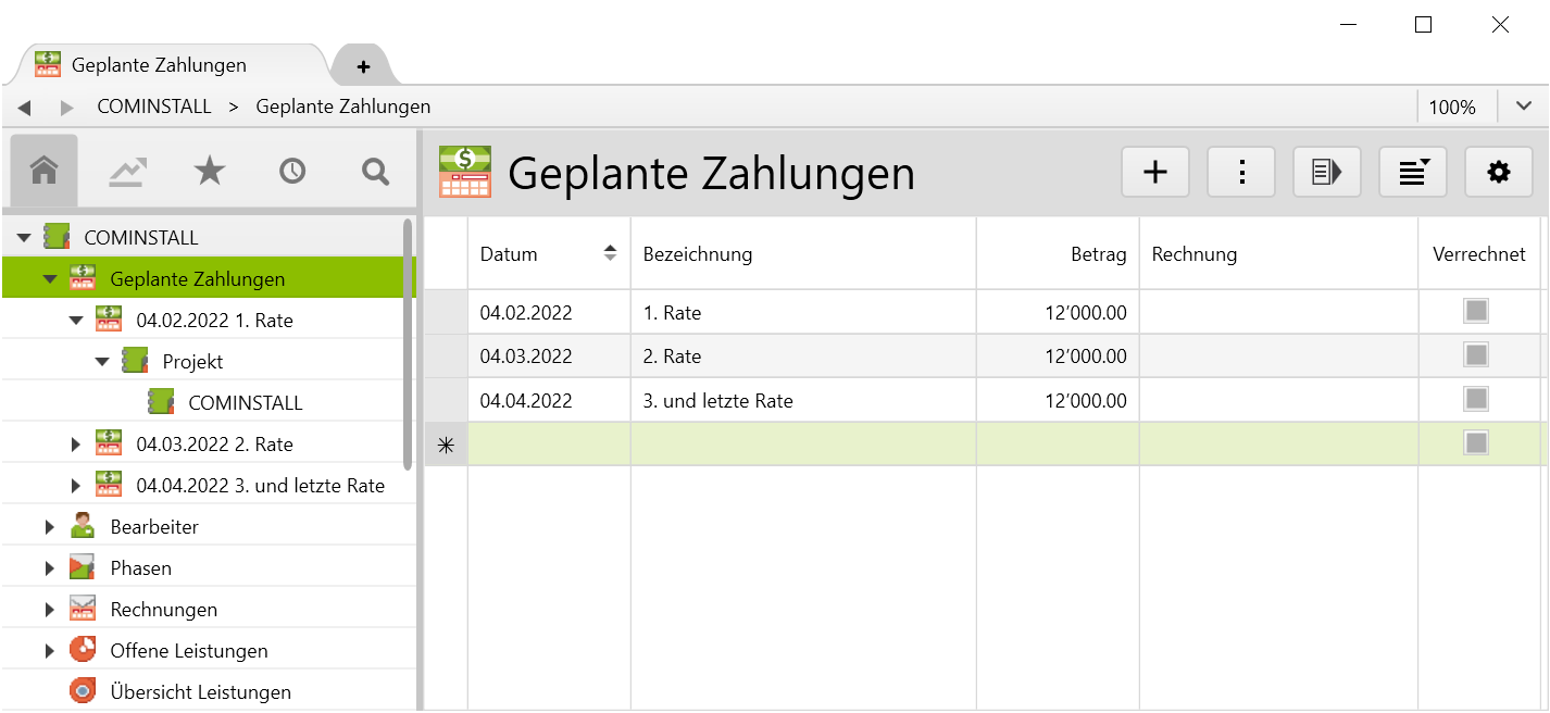 Overview of planned payments on the cominstall project