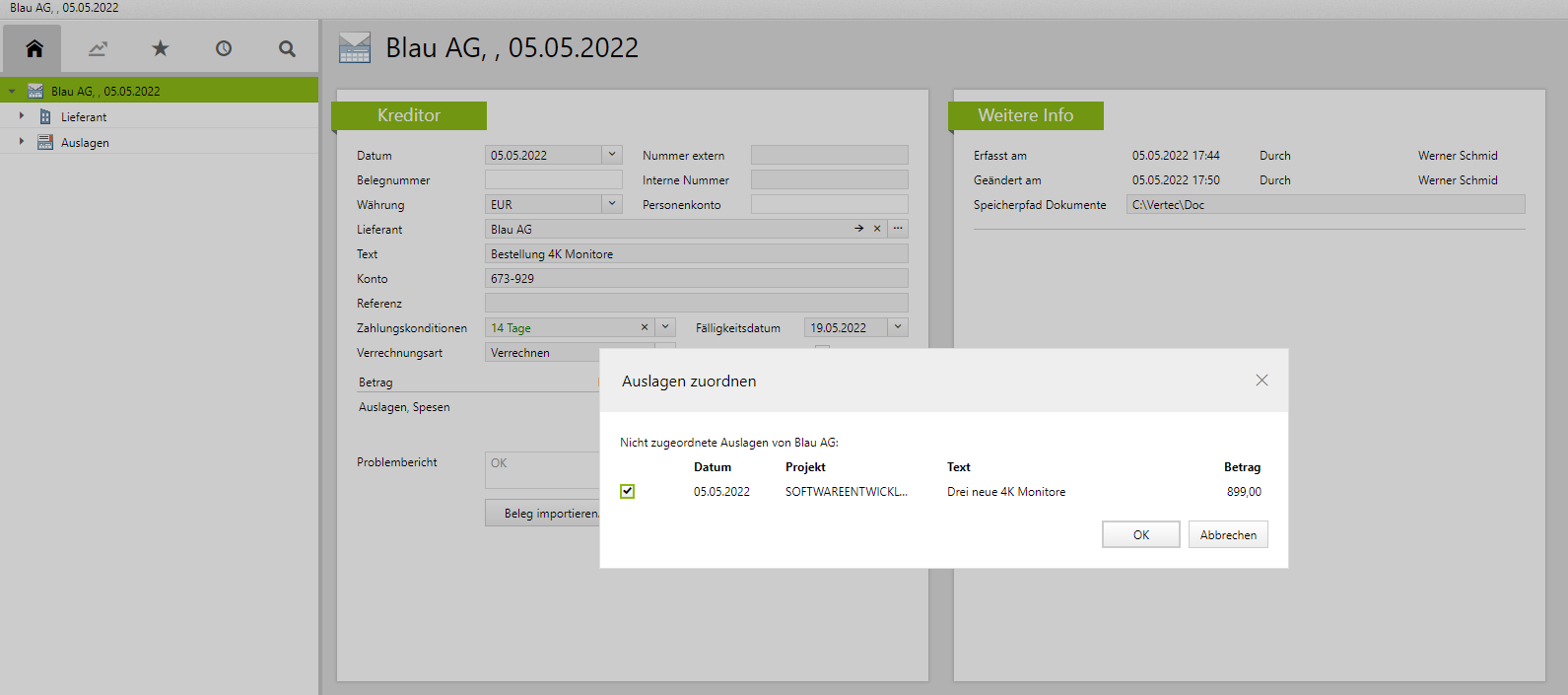 Eine offene Auslage in Vertec einem Lieferanten zuordnen