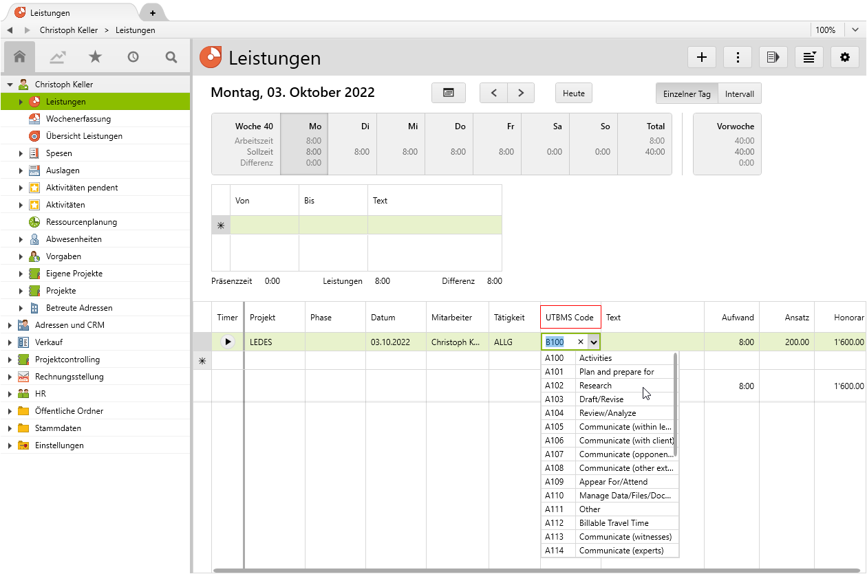 Power recording with utbms codes in vertec