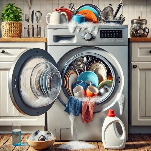 A washing machine overloaded with dishes