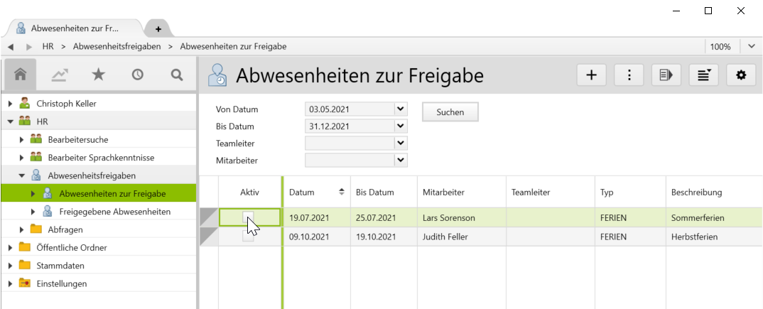 Overview for approval of absences in vertec