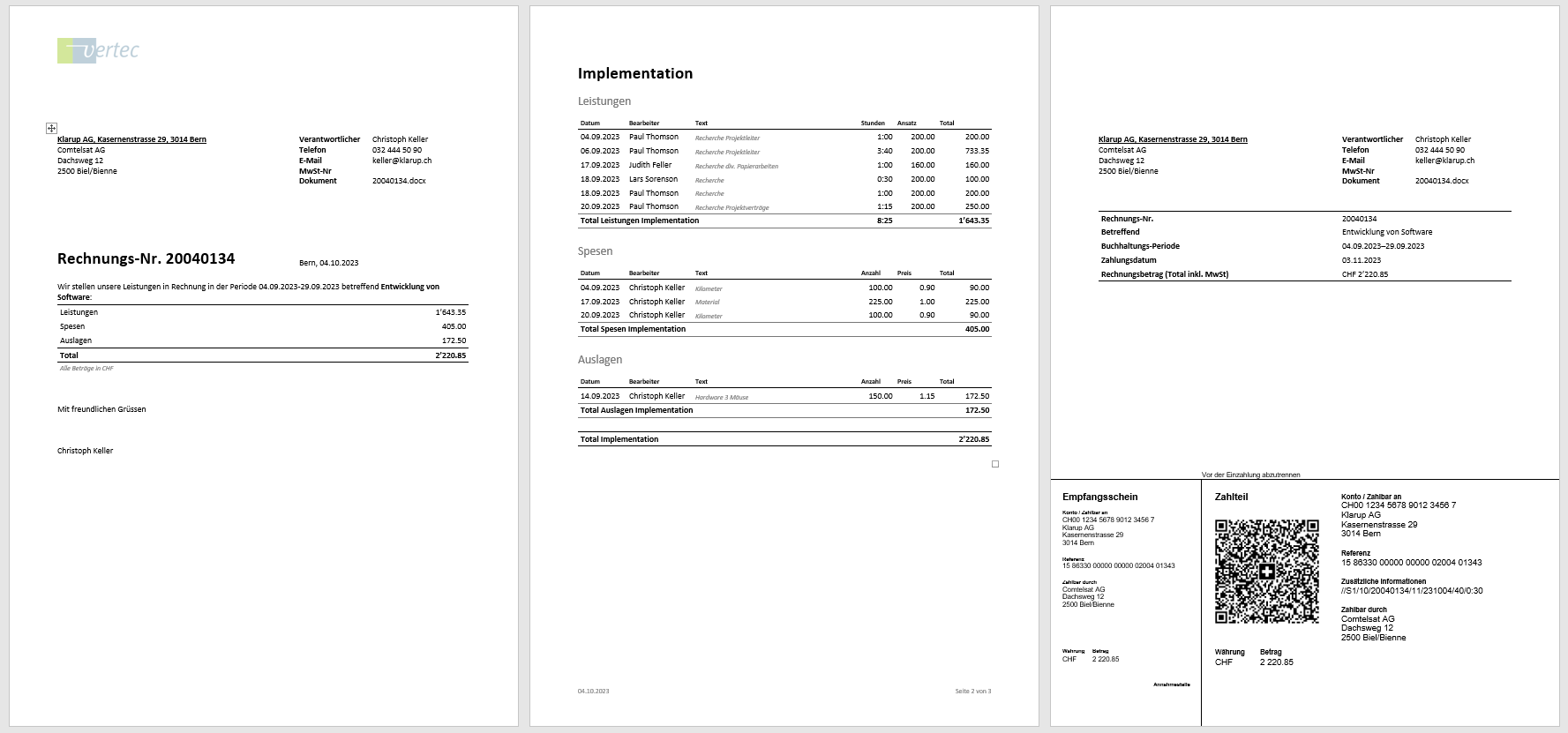 Invoice with list of services